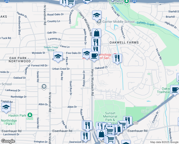map of restaurants, bars, coffee shops, grocery stores, and more near 3839 Harry Wurzbach Road in San Antonio