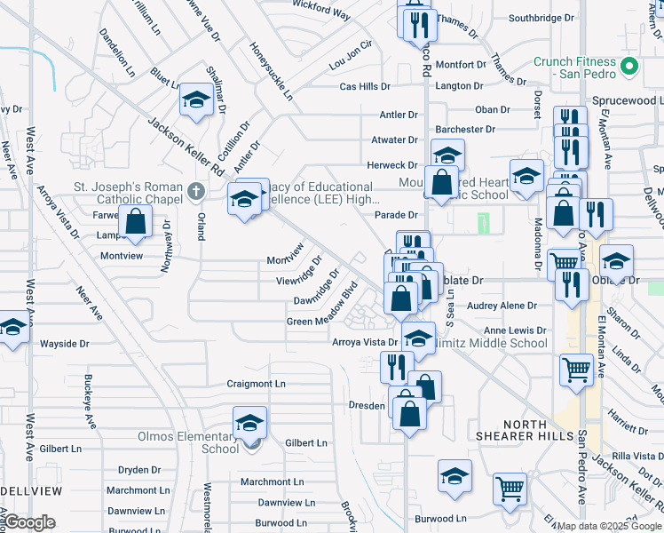map of restaurants, bars, coffee shops, grocery stores, and more near 103 Dawnridge Drive in San Antonio