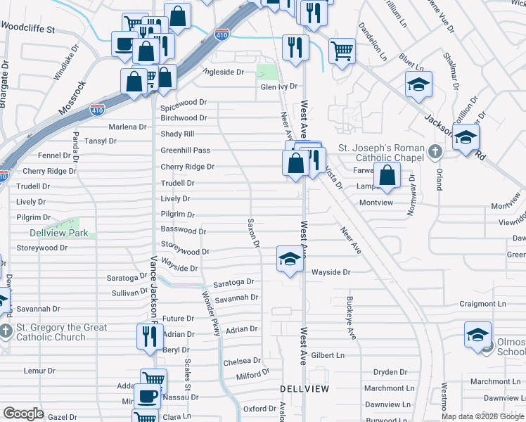 map of restaurants, bars, coffee shops, grocery stores, and more near 163 Pilgrim Drive in San Antonio