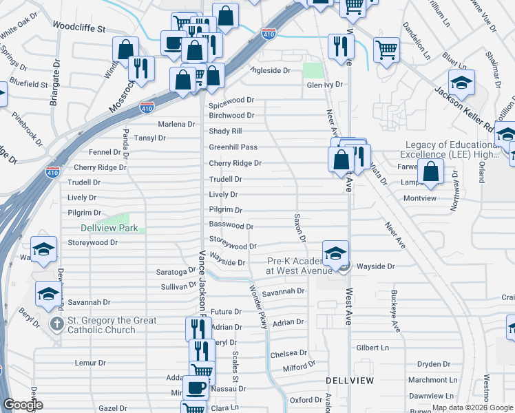 map of restaurants, bars, coffee shops, grocery stores, and more near 259 Pilgrim Drive in San Antonio
