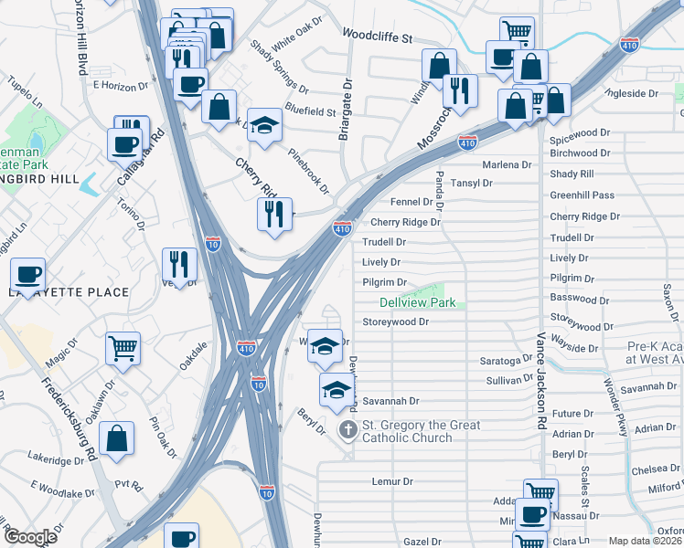 map of restaurants, bars, coffee shops, grocery stores, and more near 594 Lively Drive in San Antonio