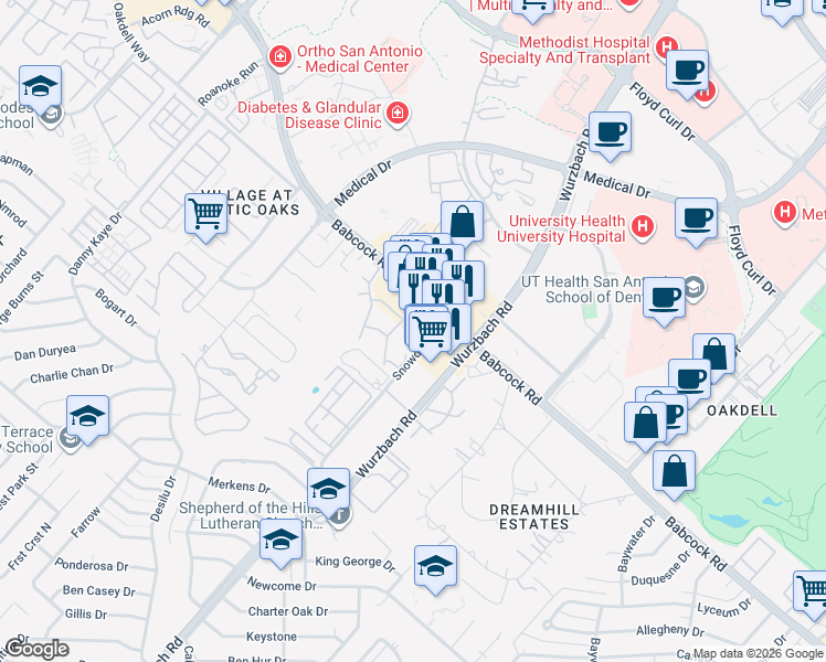 map of restaurants, bars, coffee shops, grocery stores, and more near 2414 Babcock Road in San Antonio