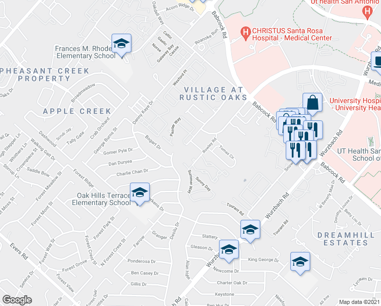 map of restaurants, bars, coffee shops, grocery stores, and more near 5455 Rowley Road in San Antonio