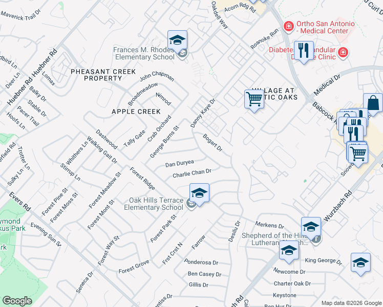 map of restaurants, bars, coffee shops, grocery stores, and more near 5704 Gomer Pyle Drive in San Antonio