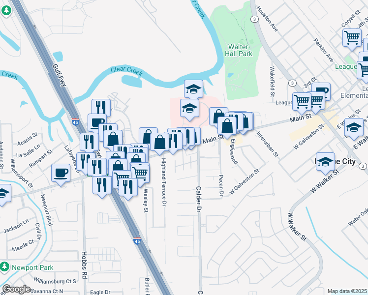 map of restaurants, bars, coffee shops, grocery stores, and more near 1111 Farm to Market Road 518 in League City