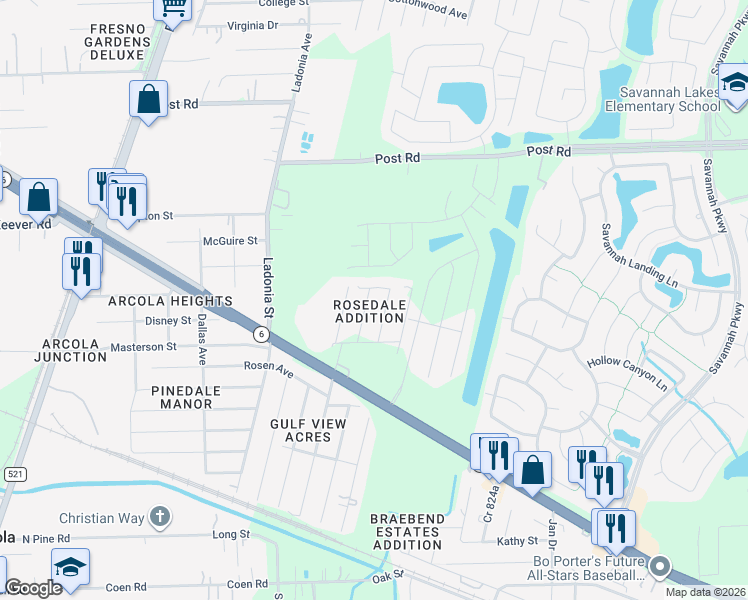 map of restaurants, bars, coffee shops, grocery stores, and more near 5407 Victoria Drive in Arcola