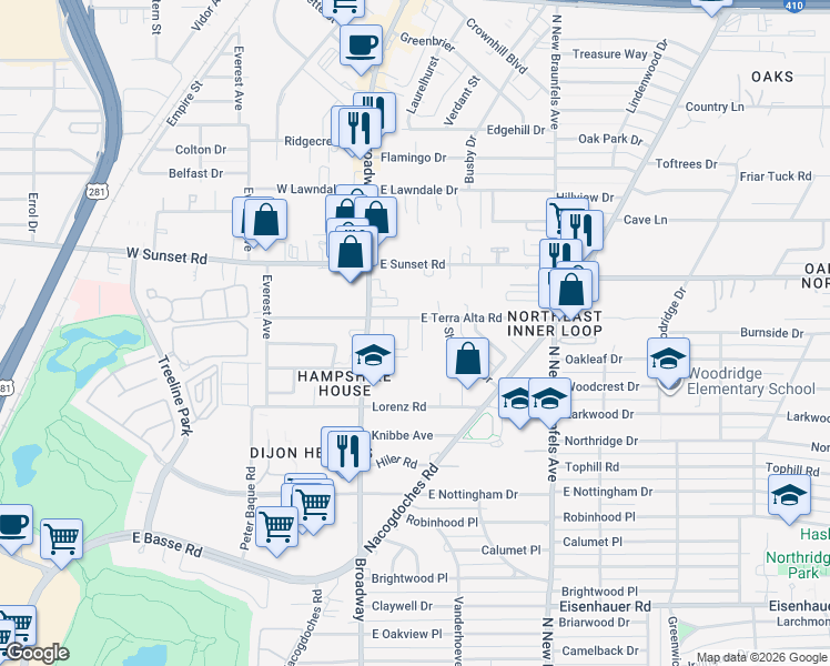 map of restaurants, bars, coffee shops, grocery stores, and more near 7615 Vinewood Ct in San Antonio
