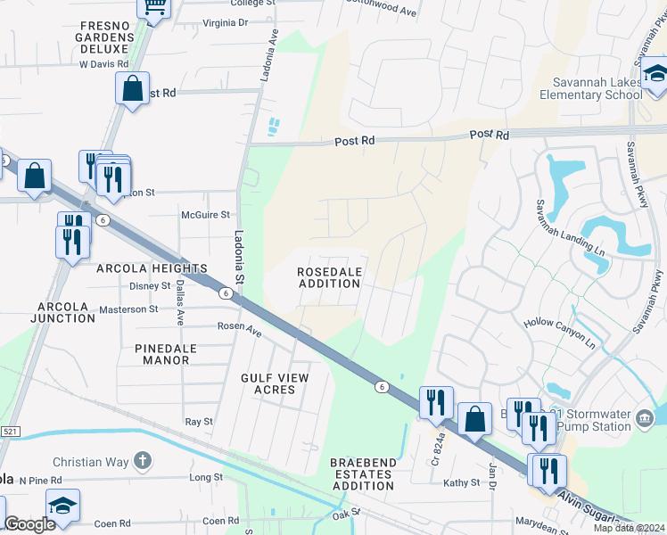 map of restaurants, bars, coffee shops, grocery stores, and more near 5407 Victoria Drive in Arcola