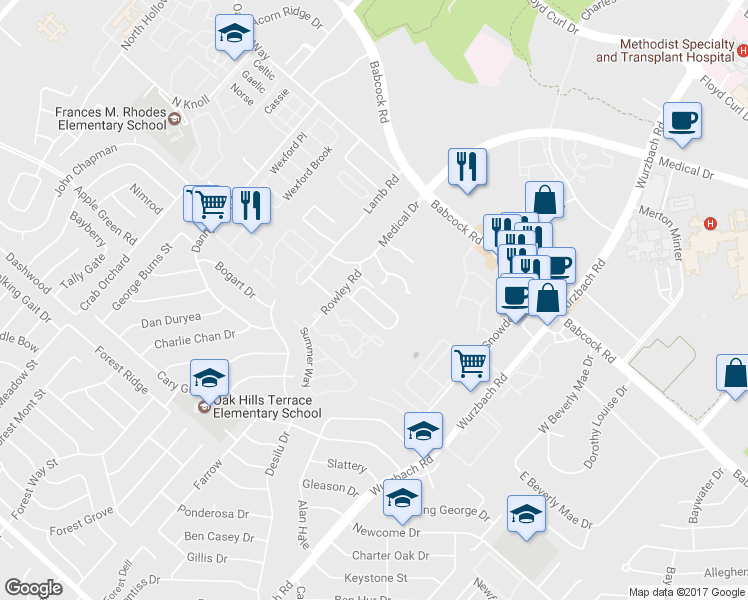 map of restaurants, bars, coffee shops, grocery stores, and more near 5123 Tomas Circle in San Antonio