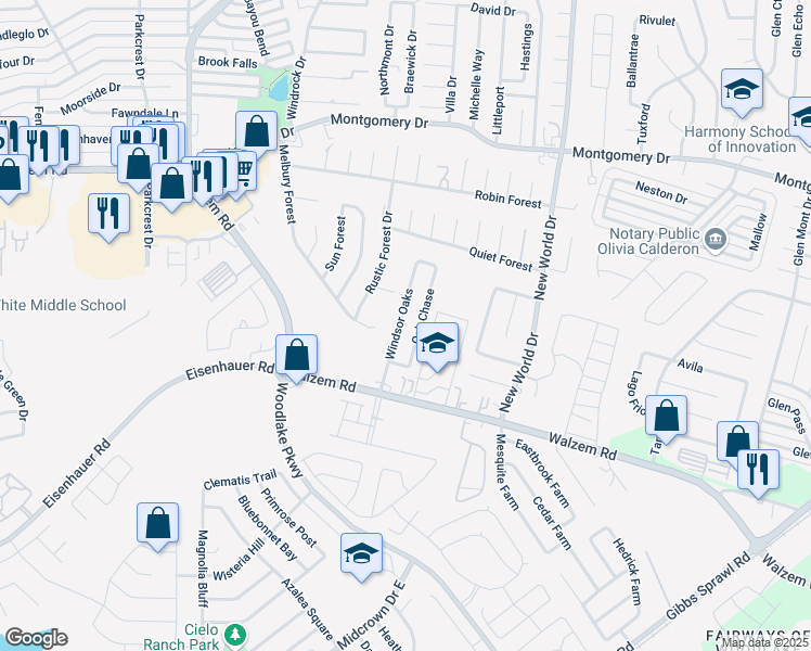 map of restaurants, bars, coffee shops, grocery stores, and more near 7560 Windsor Oaks in San Antonio