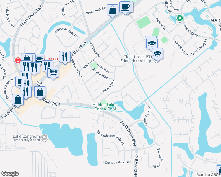 map of restaurants, bars, coffee shops, grocery stores, and more near 2926 Ocean Way in League City