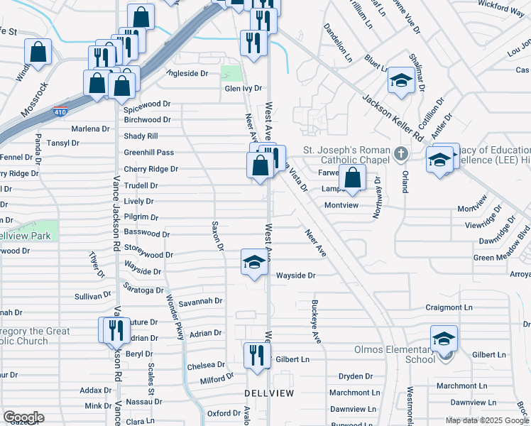 map of restaurants, bars, coffee shops, grocery stores, and more near 103 Pilgrim Drive in San Antonio