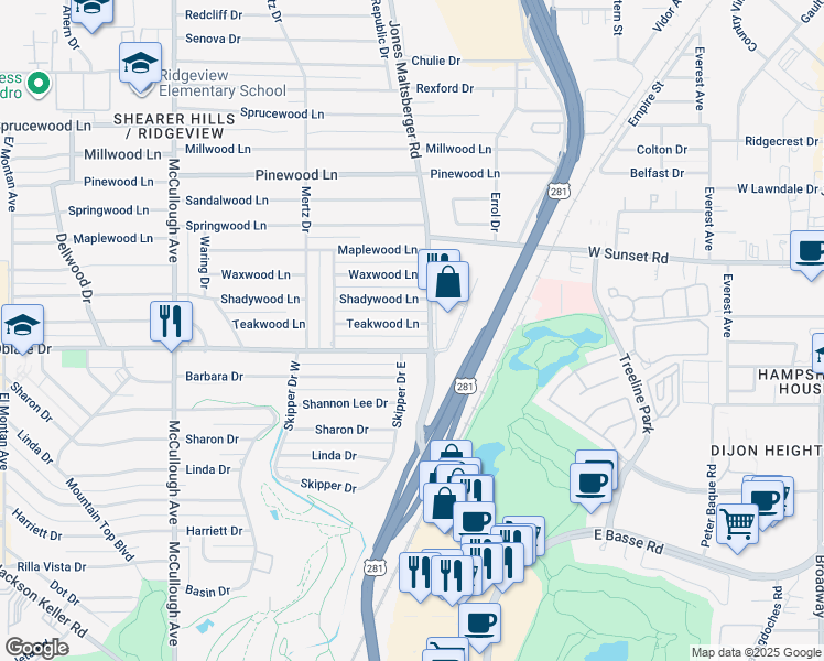 map of restaurants, bars, coffee shops, grocery stores, and more near 350 Teakwood Lane in San Antonio