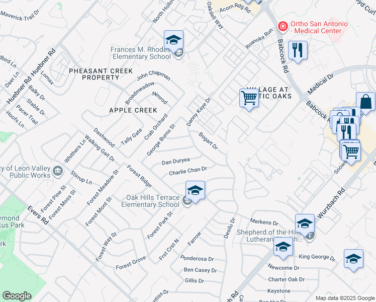 map of restaurants, bars, coffee shops, grocery stores, and more near 5704 Gomer Pyle Drive in San Antonio