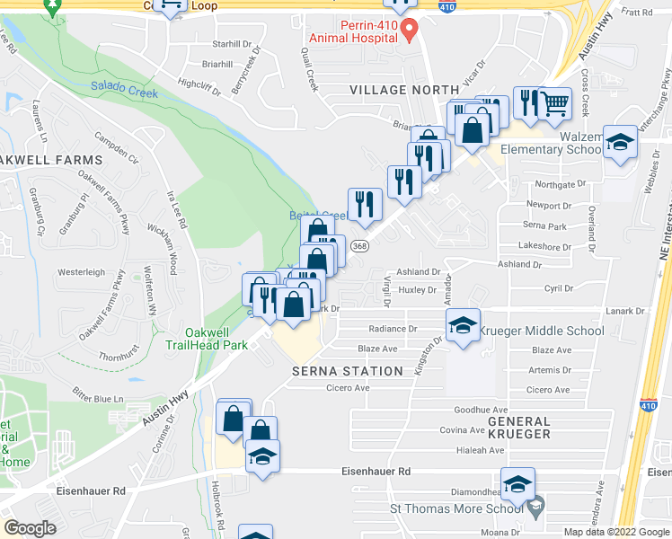 map of restaurants, bars, coffee shops, grocery stores, and more near 2170 Austin Highway in San Antonio