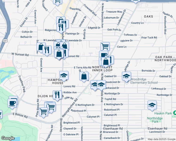 map of restaurants, bars, coffee shops, grocery stores, and more near 7614 Woodhaven Street in San Antonio