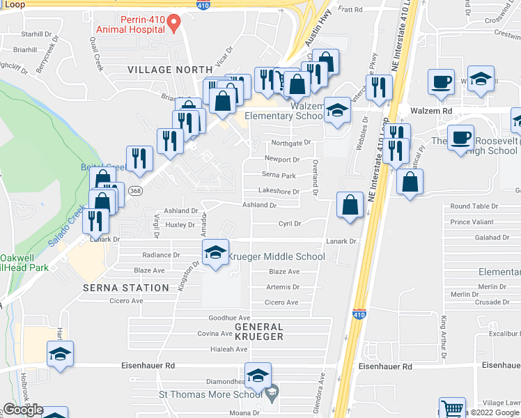 map of restaurants, bars, coffee shops, grocery stores, and more near 322 Ashland Drive in San Antonio
