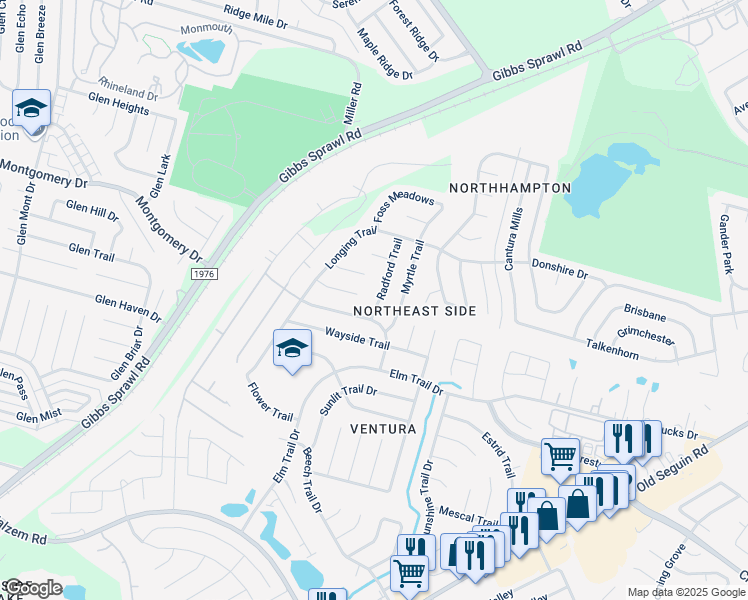 map of restaurants, bars, coffee shops, grocery stores, and more near 7411 Radford Trail in San Antonio