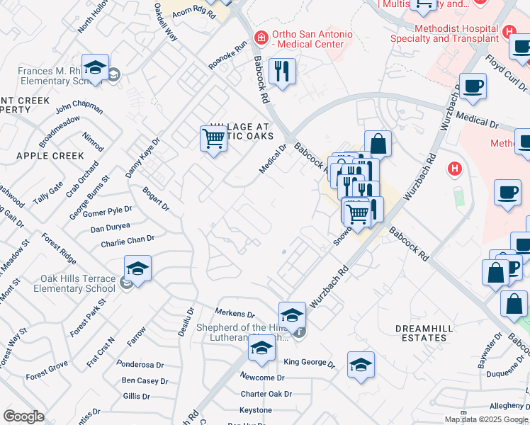 map of restaurants, bars, coffee shops, grocery stores, and more near 5123 Tomas Circle in San Antonio