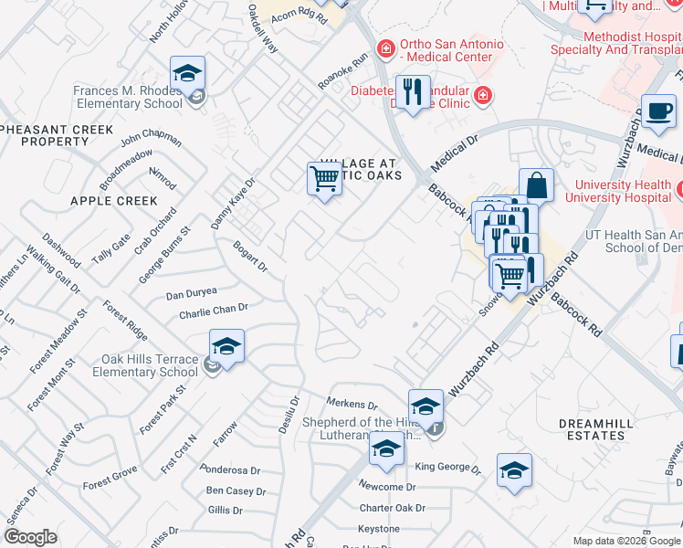 map of restaurants, bars, coffee shops, grocery stores, and more near Rowley Road in San Antonio