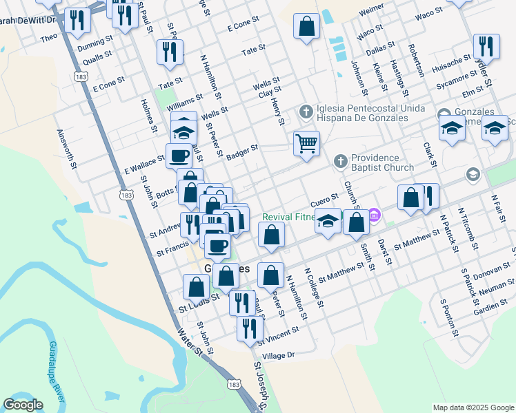 map of restaurants, bars, coffee shops, grocery stores, and more near 711 North Hamilton Street in Gonzales