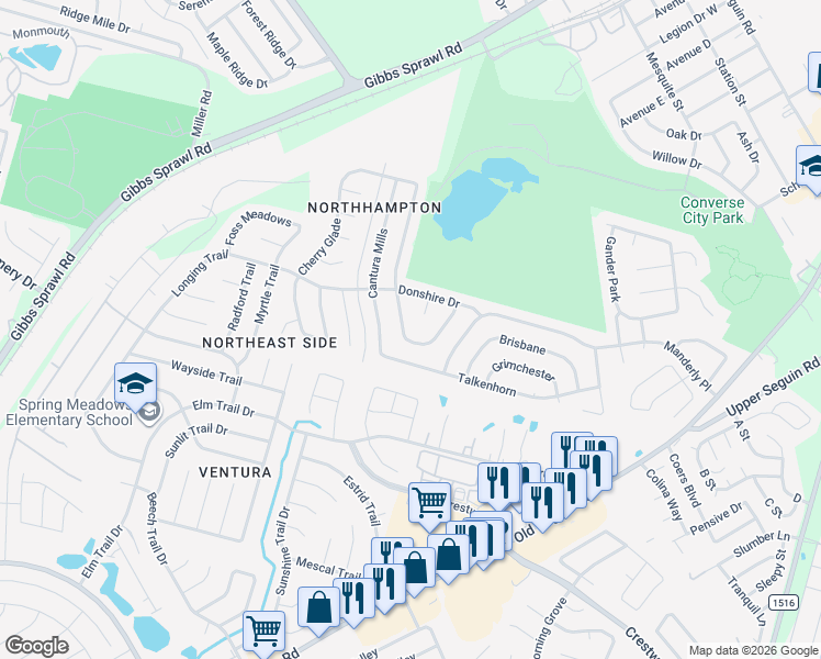 map of restaurants, bars, coffee shops, grocery stores, and more near 8006 Chestnut Manor Drive in Converse