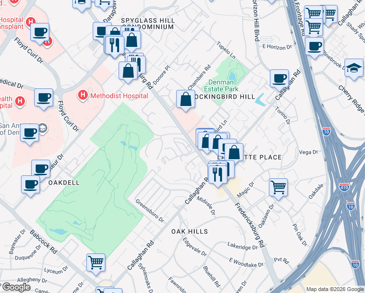 map of restaurants, bars, coffee shops, grocery stores, and more near 5359 Fredericksburg Road in San Antonio