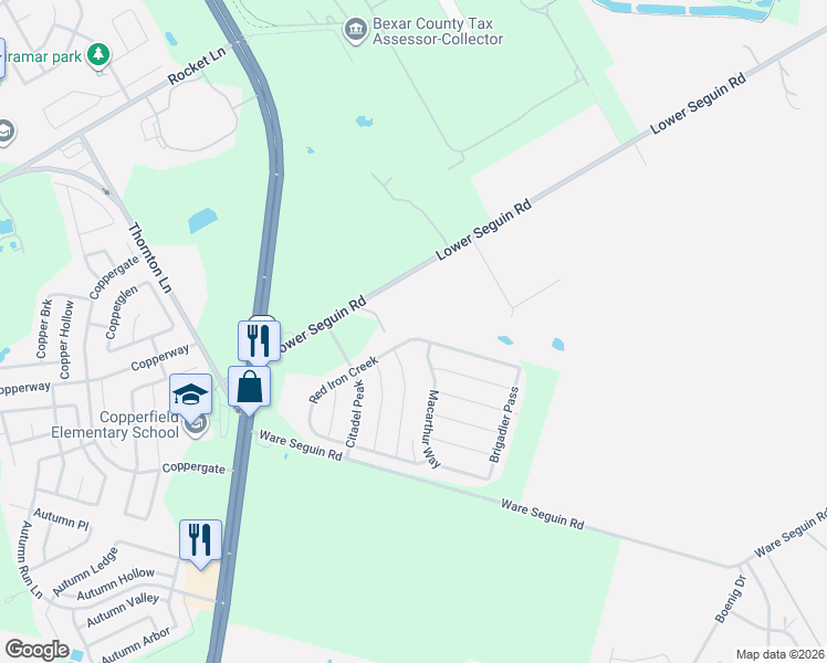 map of restaurants, bars, coffee shops, grocery stores, and more near 9907 Red Iron Creek in Converse