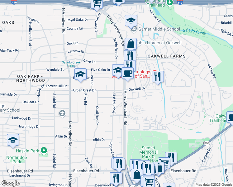 map of restaurants, bars, coffee shops, grocery stores, and more near 3228 Urban Crest Drive in San Antonio