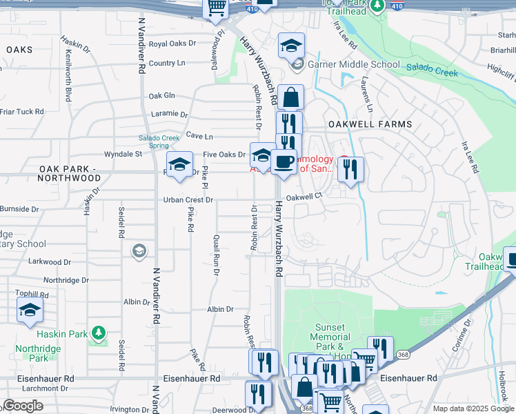 map of restaurants, bars, coffee shops, grocery stores, and more near 3228 Urban Crest Drive in San Antonio
