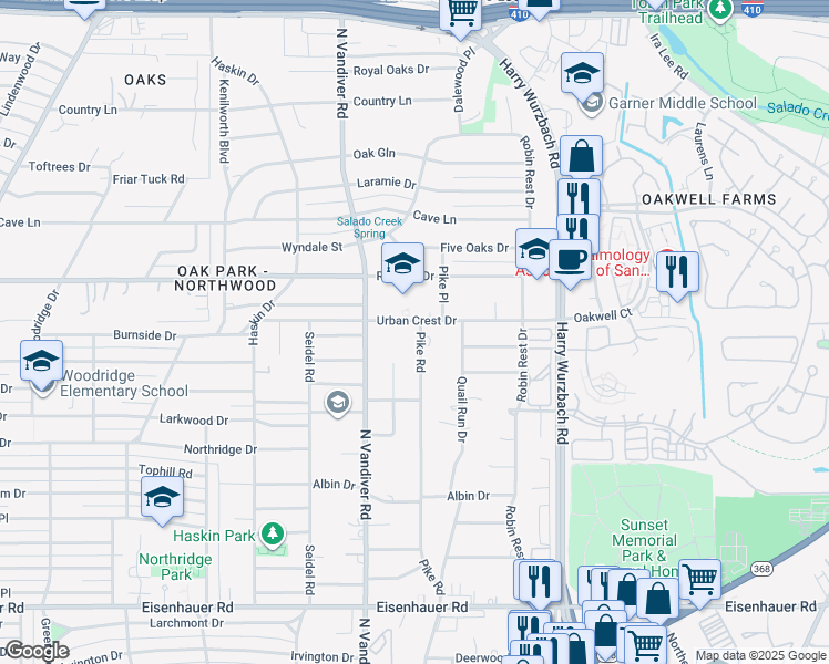 map of restaurants, bars, coffee shops, grocery stores, and more near 3034 Urban Crest Drive in San Antonio