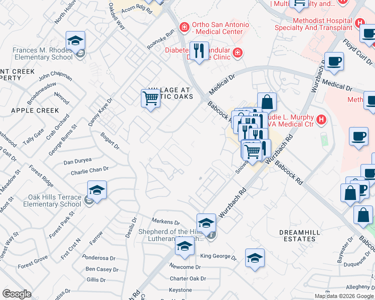 map of restaurants, bars, coffee shops, grocery stores, and more near 5123 Tomas Circle in San Antonio