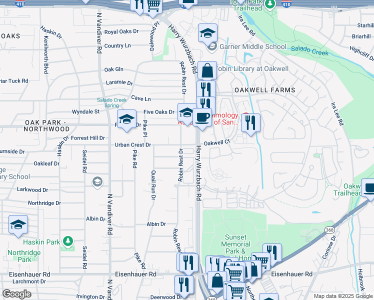 map of restaurants, bars, coffee shops, grocery stores, and more near 3839 Harry Wurzbach Road in San Antonio
