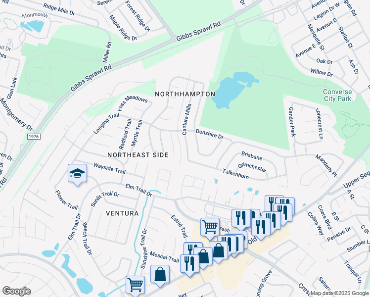 map of restaurants, bars, coffee shops, grocery stores, and more near 8027 Cantura Mills in Converse