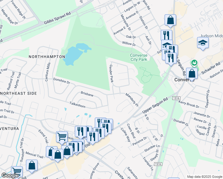 map of restaurants, bars, coffee shops, grocery stores, and more near 7415 Northallerton in Converse