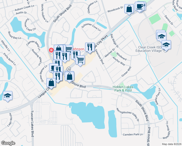 map of restaurants, bars, coffee shops, grocery stores, and more near 1316 Elkins Hollow Lane in League City