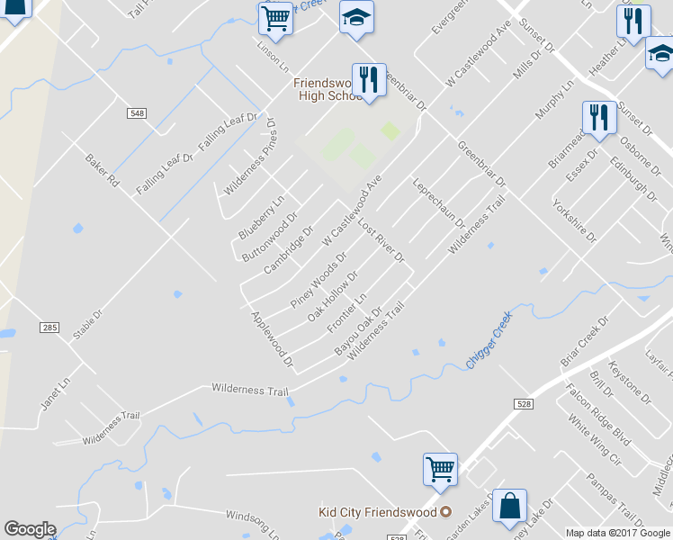 map of restaurants, bars, coffee shops, grocery stores, and more near 1308 Piney Woods Drive in Friendswood