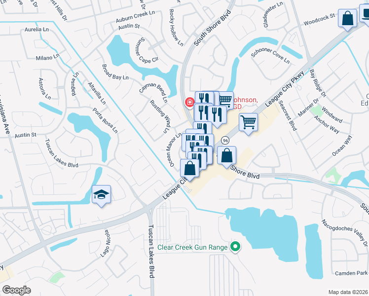 map of restaurants, bars, coffee shops, grocery stores, and more near 1281 Evening Bay Lane in League City