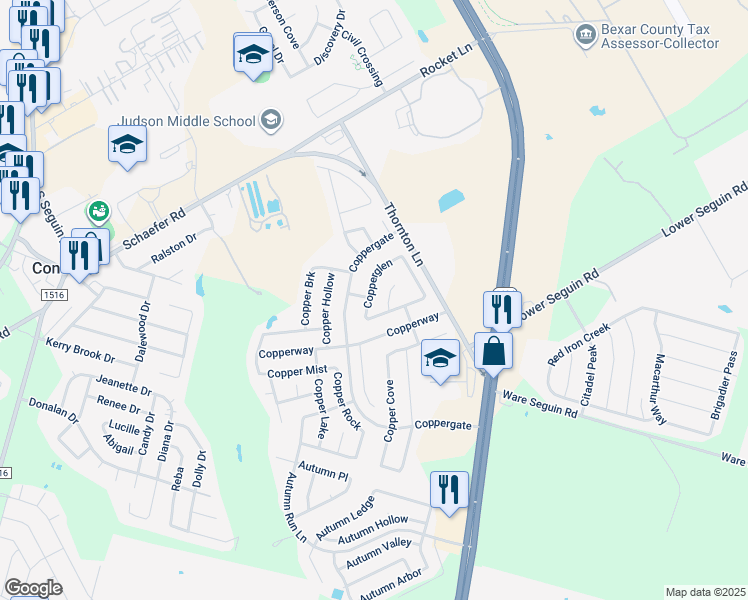 map of restaurants, bars, coffee shops, grocery stores, and more near 8314 Copperglen in Converse