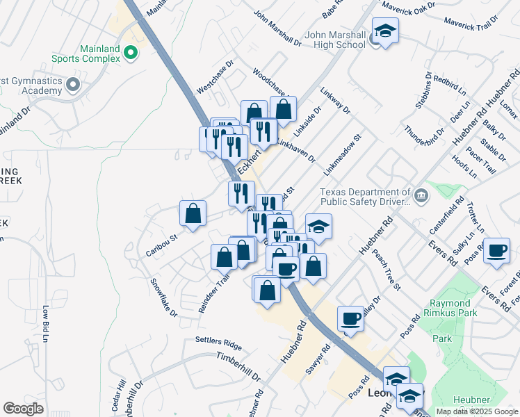 map of restaurants, bars, coffee shops, grocery stores, and more near 7200 Linkcrest Drive in San Antonio