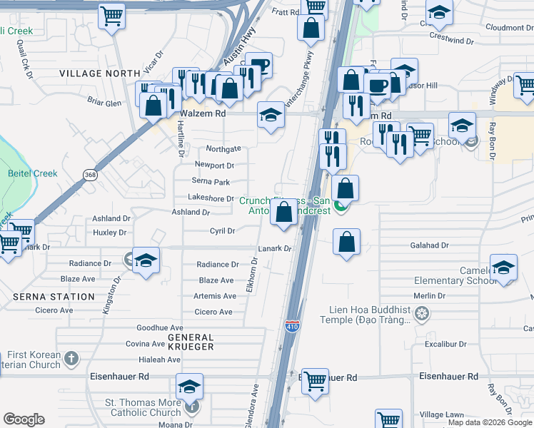 map of restaurants, bars, coffee shops, grocery stores, and more near 1014 Elkhorn Drive in San Antonio