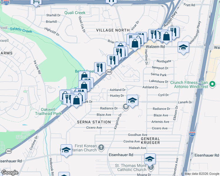 map of restaurants, bars, coffee shops, grocery stores, and more near 111 Ashland Drive in San Antonio