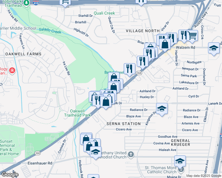 map of restaurants, bars, coffee shops, grocery stores, and more near 2171 Austin Highway in San Antonio