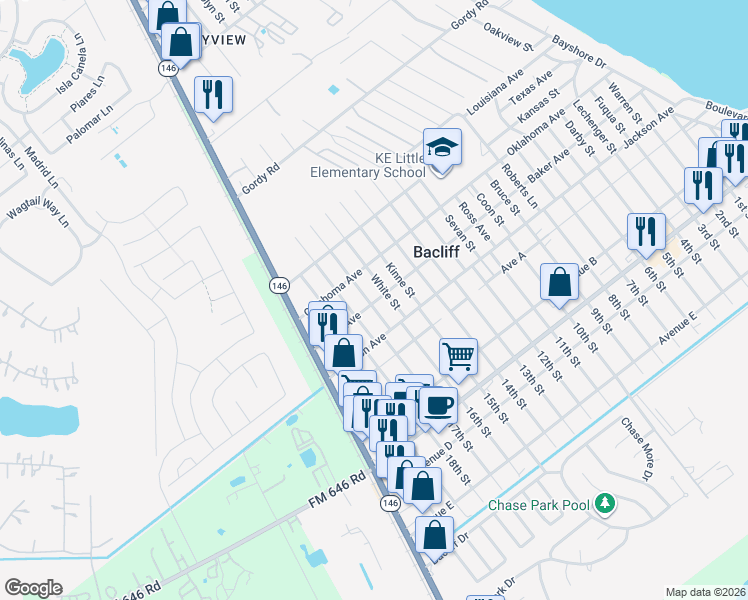 map of restaurants, bars, coffee shops, grocery stores, and more near 4129 Paladino Street in Bacliff