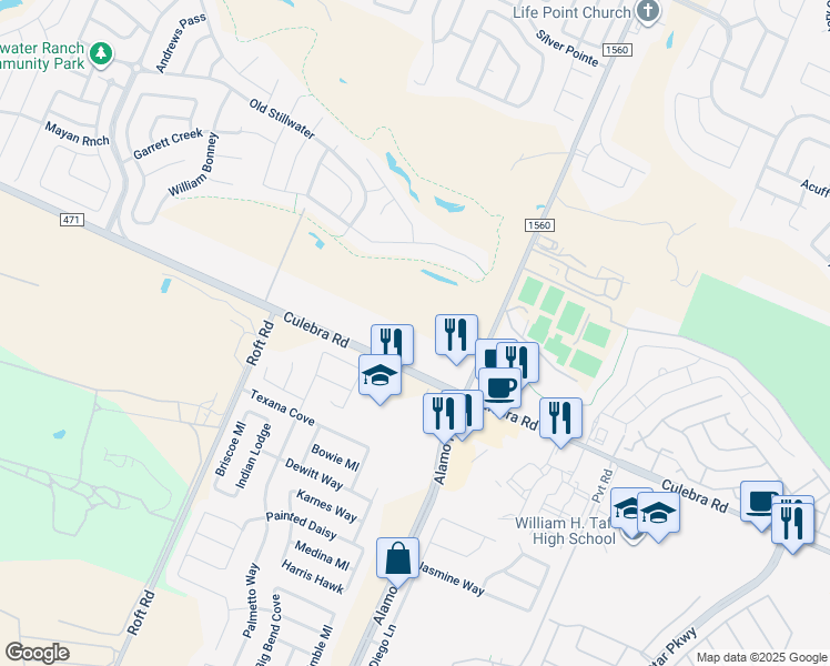 map of restaurants, bars, coffee shops, grocery stores, and more near 11923 Culebra Road in San Antonio