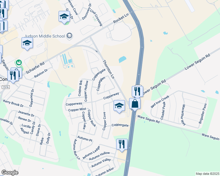 map of restaurants, bars, coffee shops, grocery stores, and more near 9807 Coppercreek in Converse
