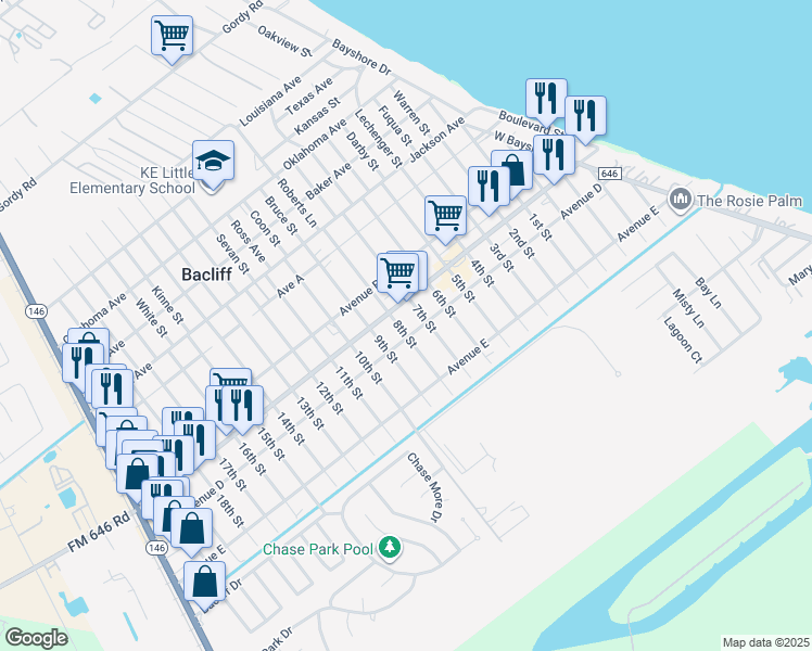 map of restaurants, bars, coffee shops, grocery stores, and more near 4603 8th Street in Bacliff