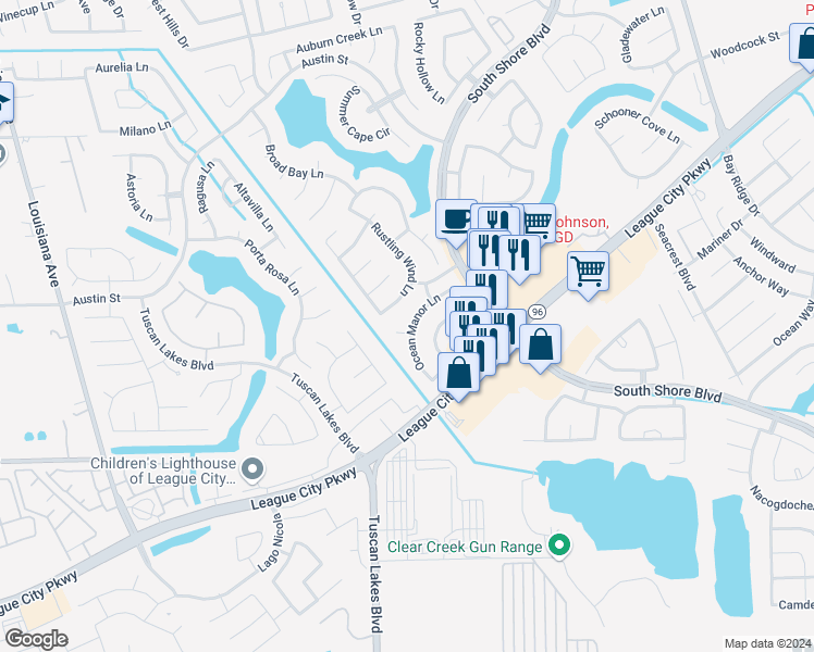 map of restaurants, bars, coffee shops, grocery stores, and more near 3030 Manor Bay Court in League City