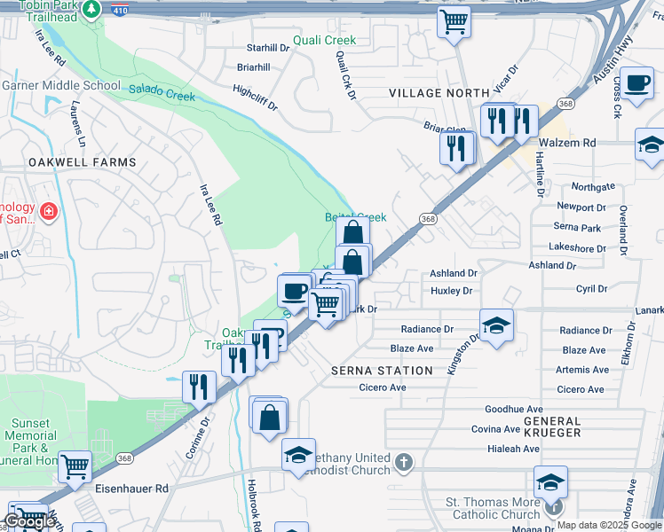 map of restaurants, bars, coffee shops, grocery stores, and more near 2171 Austin Highway in San Antonio