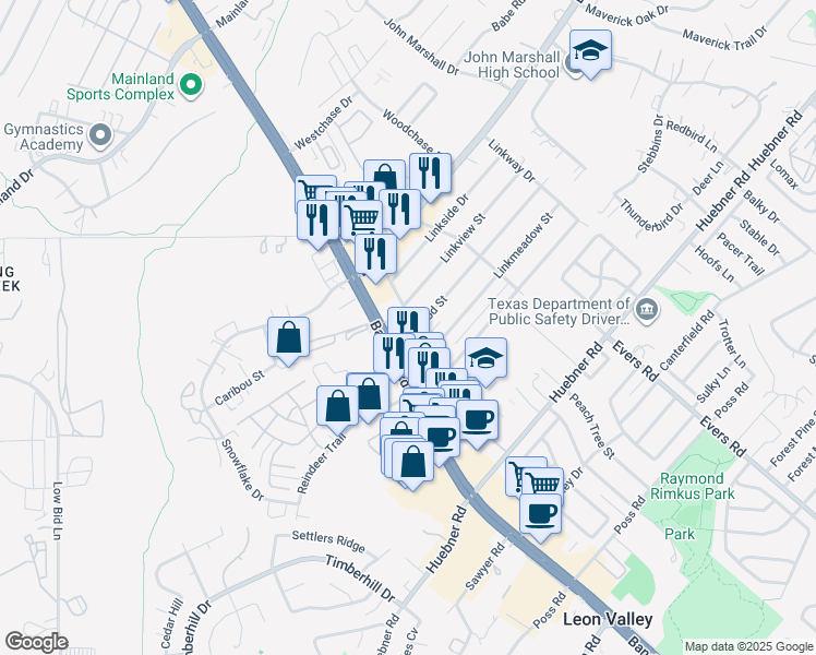map of restaurants, bars, coffee shops, grocery stores, and more near 7200 Linkcrest Drive in San Antonio